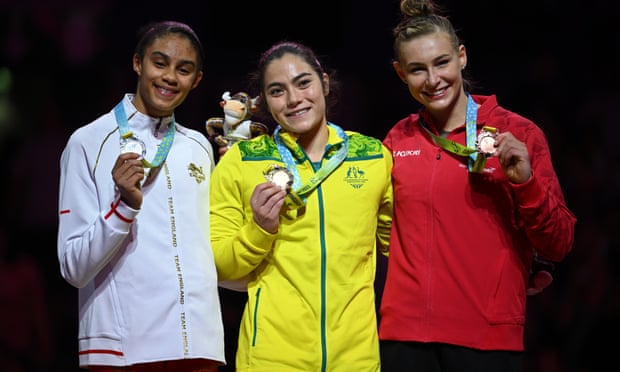 Left to right: Silver medallist Ondine Achampong of England, gold medallist Georgia Godwin of Australia and bronze medallist Emma Spence of Canada