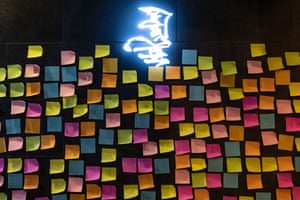 Blank notes on a Lennon wall inside a restaurant in Hong Kong.