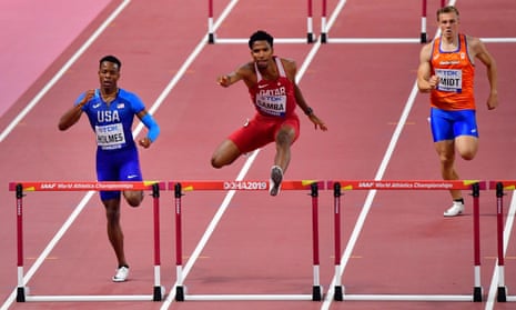 Qatar’s Abderrahman Samba races to victory in his 400m hurdles heat.