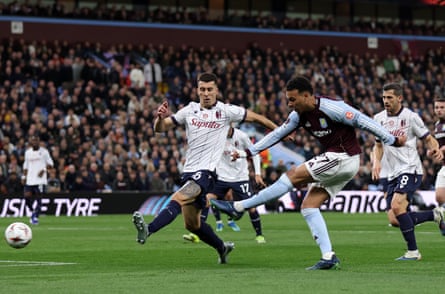 Morgan Rogers fires home with his left foot to put Aston Villa 6-1 in front on aggregate.