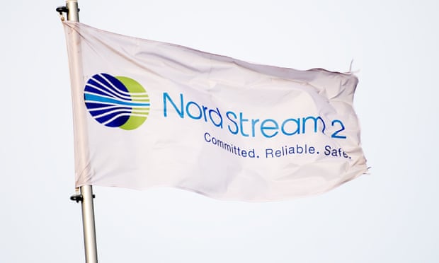A flag reading ‘Nord Stream 2’