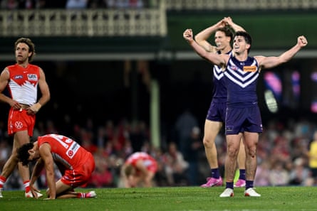 Andrew Brayshaw celebrates winning the AFL preliminary final