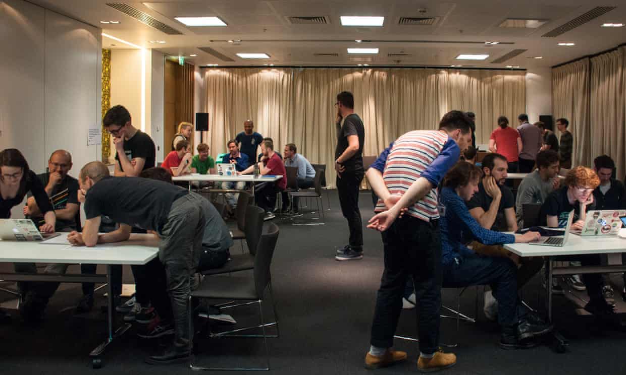 Groups get started on the workshops at the Digital Tech Time on Accessibility - four tables with members of Guardian Digital clustered around them