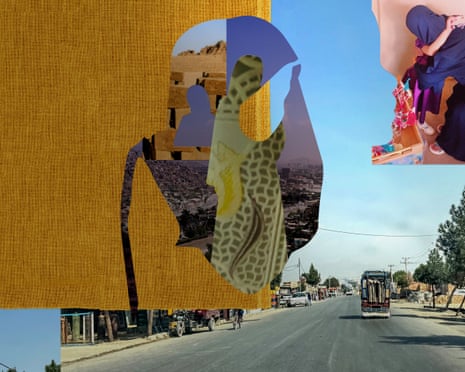 A composite of an afghan street and cutouts of unidentifiable afghan women