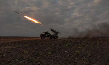 Ukrainian servicemen of the 92nd Assault Brigade fire BM-21 'Grad' multiple rocket launcher toward Russian positions.