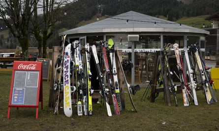 Skis on a rack in front of a bar in Gypsera resort, Switzerland, on 30 December.