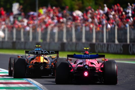 Lando Norris in his McLaren ahead of Lewis Hamilton during FP3