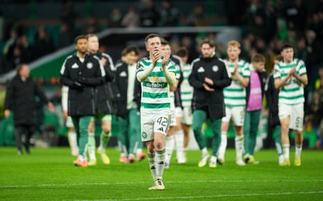 Celtic’s players applaud their fans after coming from behind to beat Sturm Graz at Celtic Park.