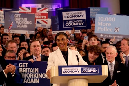 Kemi Badenoch standing at the podium as she launches the Conservatives’ local election campaign.