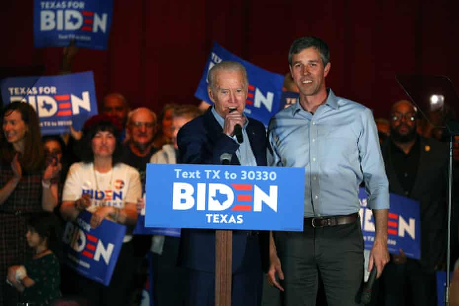 Beto O’Rourke, right, former Texas representative, endorses Joe Biden, Democratic presidential candidate, at a Texas rally on 2 March. 