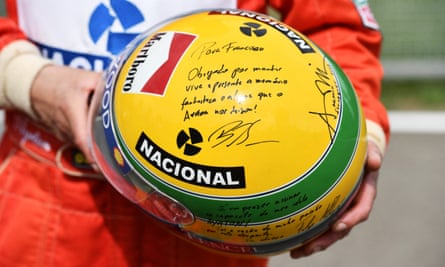 Messages in tribute to Brazil’s Ayrton Senna on a helmet on the 30th Anniversary of his death.
