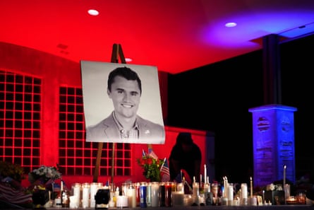 A photo of Charlie Kirk, the CEO and co-founder of Turning Point USA who was shot and killed, stands at his vigil.