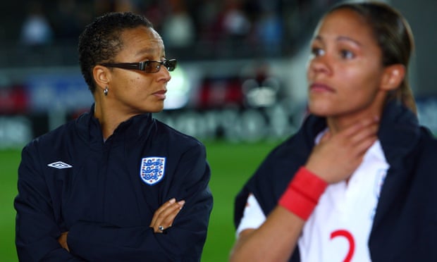 The England coach Hope Powell, with Alex Scott, after losing the Euro 2009 final against Germany – but Powell should be celebrated as a trailblazer.