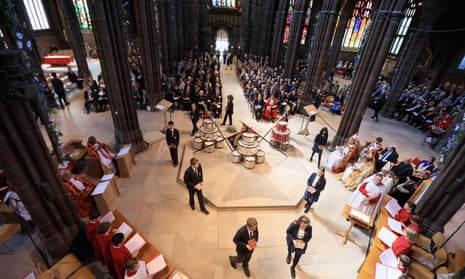 School children attend a commemoration service at Manchester Cathedral marking the 100th anniversary since the start of the Battle of the Somme.