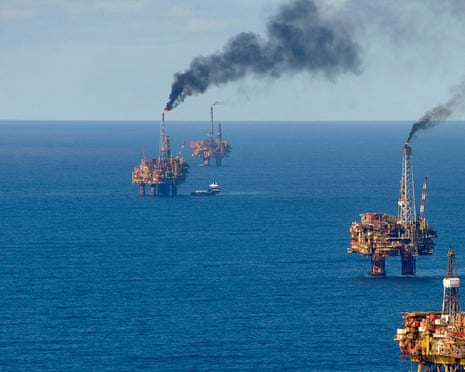 North Sea, Oil production with platforms. Aerial view. Brent Oil Field.KRT18T North Sea, Oil production with platforms. Aerial view. Brent Oil Field.
