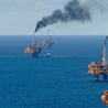 North Sea, Oil production with platforms. Aerial view. Brent Oil Field.KRT18T North Sea, Oil production with platforms. Aerial view. Brent Oil Field.