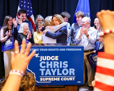 Wisconsin State Supreme Court Justice-elect Chris Taylor, right, hugs authorities Supreme Court Chief Justice Jill J. Karofsky connected Tuesday, April 7, 2026, successful Madison, Wis.
