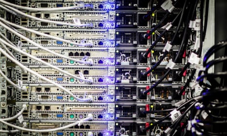 Close-up of cables and LED lights in the data centre of T-Systems, a subsidiary of Deutsche Telekom.