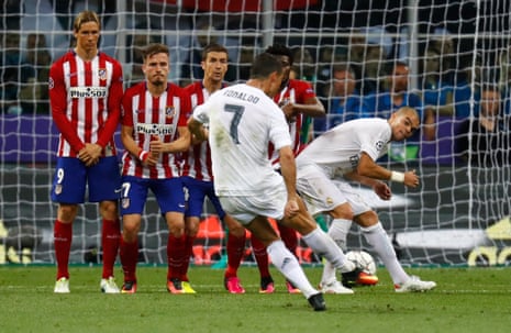 Cristiano Ronaldo fires the free-kick into the wall.
