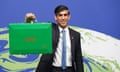 The then chancellor, Rishi Sunak, holds a green ministerial documents box at the Cop26 summit in Glasgow, 2021.