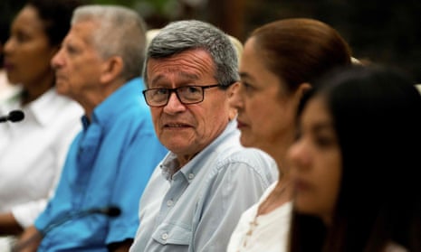 Pablo Beltran, center, commander of the leftist National Liberation Army (ELN) rebel group, attends a meeting with members of the Colombian government, in Havana, on Friday.