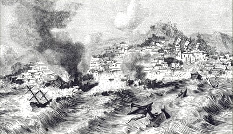 An engraving showing high seas flooding and destroying a city