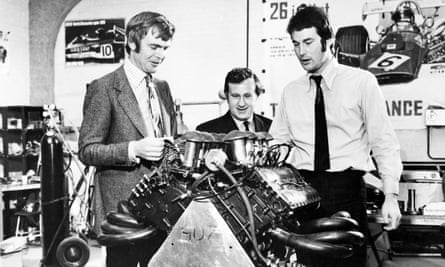 Max Mosley, Alan Rees and Robin Herd with a Ford Cosworth V8 engine