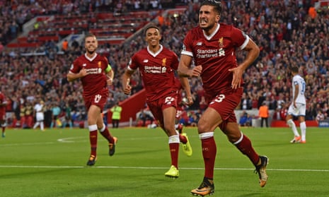 Emre Can celebrates after scoring Liverpool’s third against Hoffenheim