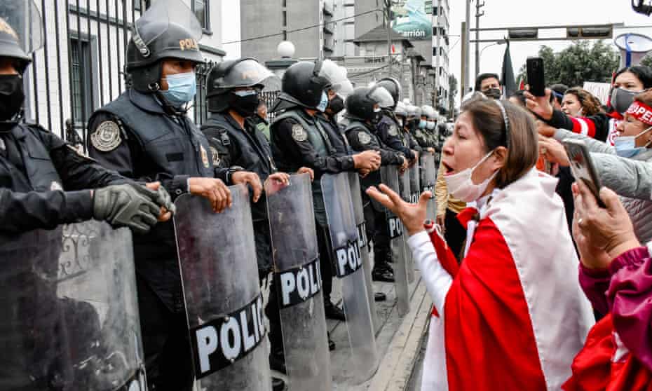 Protesters in Lima, Peru, demonstrate against the election of Pedro Castillo