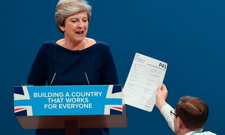 The comedian Simon Brodkin handing Theresa May a P45 in 2017.