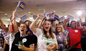 Supporters of Democratic candidate Danny O’Connor cheer in Westerville, Ohio Tuesday night. O’Connor lost, but the Democratic voter surge was significant.