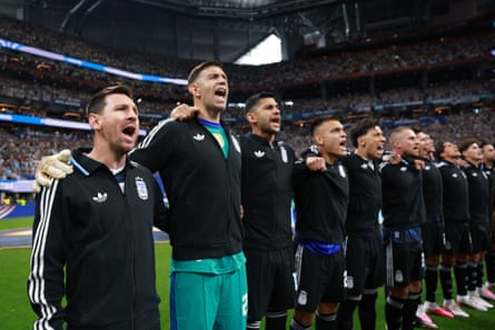 Argentina’s players belt out the national anthem before their semi-final against England
