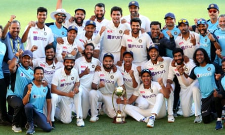 India celebrate their Test series win in Australia after victory at the Gabba in January