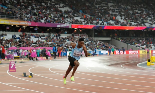 Isaac Makwala of Botswana runs a solo heat of the men’s 200m following his unfortunate exclusion from the heats and the 400m final.