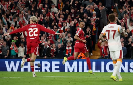 Ryan Gravenberch celebrates scoring the third for rampant Liverpool.