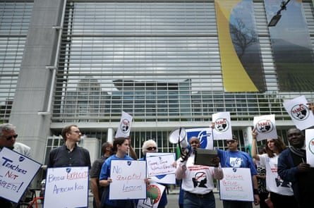 Demonstrators protest against the World Bank’s funding of Bridge International Academies in Africa and Asia