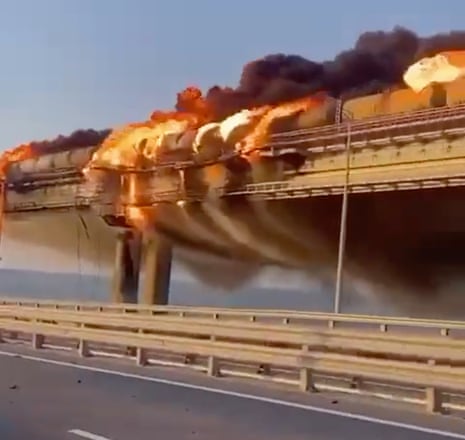 Fire on the Kerch bridge in the Kerch Strait, Crimea, Ukraine. 8 October 2022.