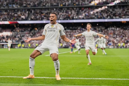 Kylian Mbappé celebrates putting Real Madrid 1-0 up against Barcelona