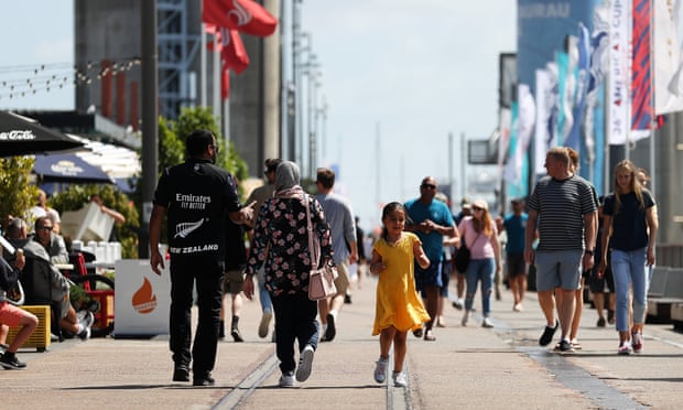 Aucklanders enjoy the sun at Wynyard Wharf after moving to level two after lockdown restrictions lifted 