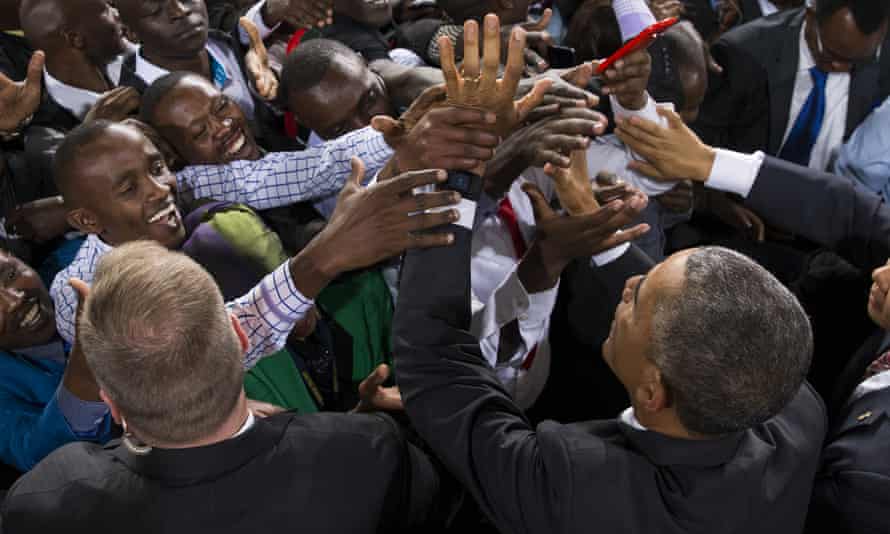 Obama shakes hands with supporters after delivering a speech in Nairobi.