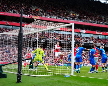 Gabriel Martinelli watches the ball go narrowly over the bar in a crowded penalty area during Arsenal’s home defeat by Bournemouth.