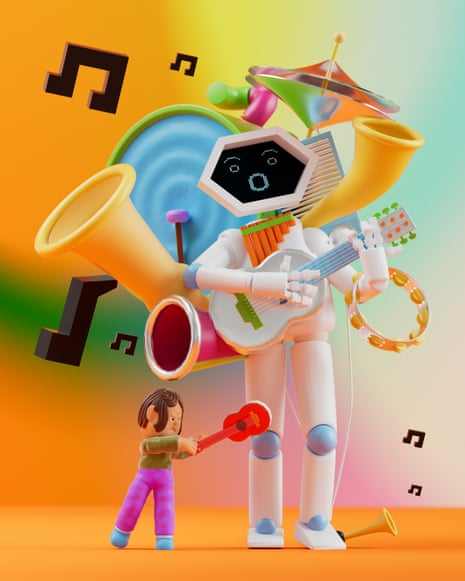 Large robot playing guitar surrounded by musical instruments, with a small human hitting the robot with a guitar