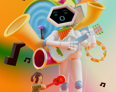 Illustration of a large robot playing guitar surrounded by musical instruments, with a small human hitting the robot with a guitar.
