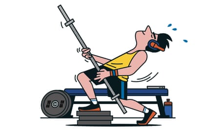 An illustration showing a man at the gym wearing headphones and using a barbell as an air guitar