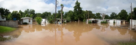 Homes and property are flooded due to heavy rains in Richmond, Texas in June 2016.