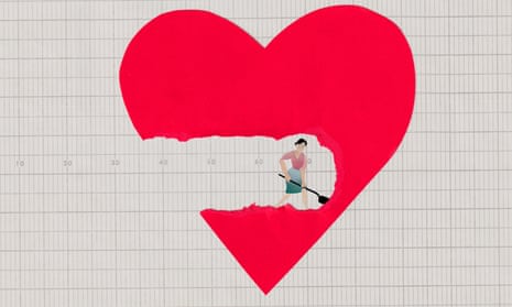An illustration showing a woman digging a hole into a large heart.