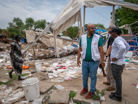 The MSF team among the wreckage of the medical warehouse at the hospital in Lankien