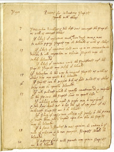 John Locke manuscript “Reasons for tolerateing Papists equally with others” - St. John’s College, Greenfield Library Archives, Annapolis, Maryland.