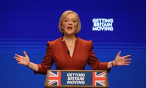 The prime minister, Liz Truss, delivers her speech during the Conservative party's annual conference at the International Convention Centre in Birmingham, on 5 October 2022