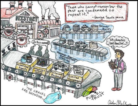 Cartoon showing conveyor belts churning out armored police vehicles (labelled